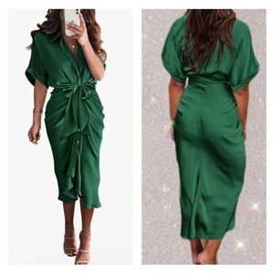 Green Short Sleeve Belted Ruched Midi Shirt Dress